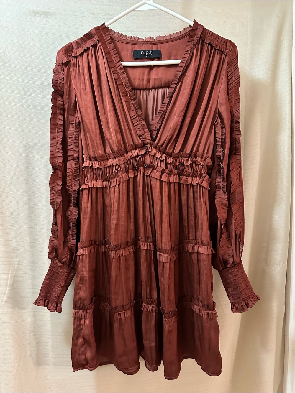 OPT Boho Ruffle Tiered Mini Dress Long Sleeve Smocked Cuffs V Neck Size M
